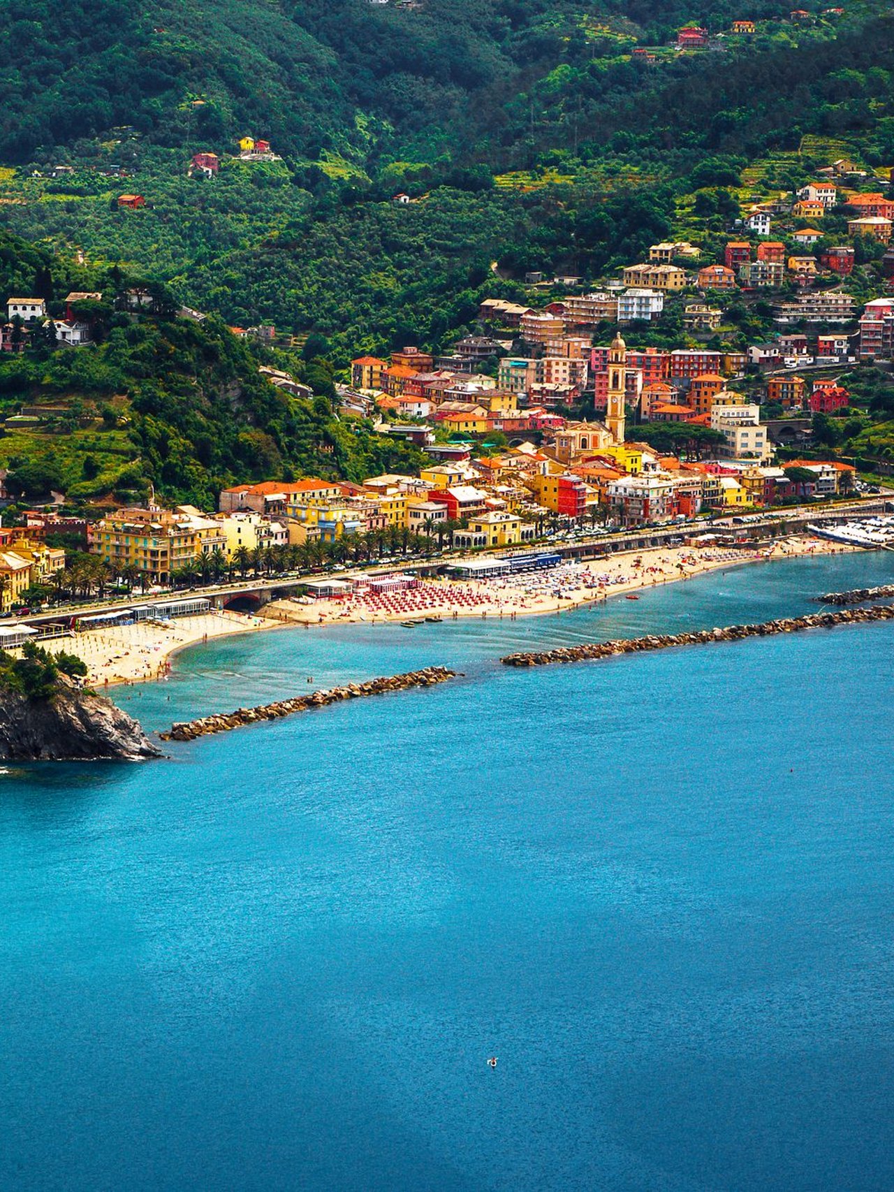 An aerial view of the coastal town of Moneglia, Italy
