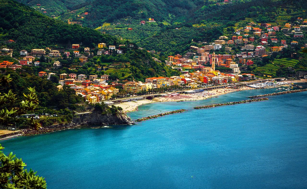 An aerial view of the coastal town of Moneglia, Italy