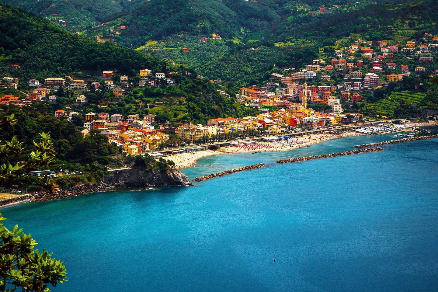 An aerial view of the coastal town of Moneglia, Italy