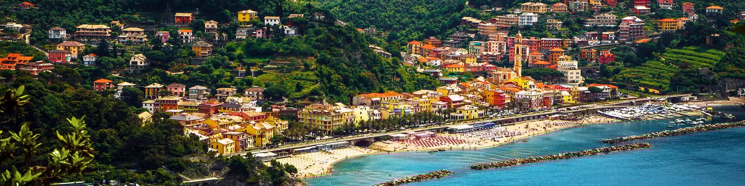 An aerial view of the coastal town of Moneglia, Italy