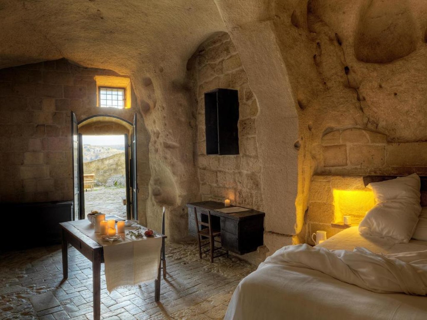 A room in a cave hotel in Matera, Italy