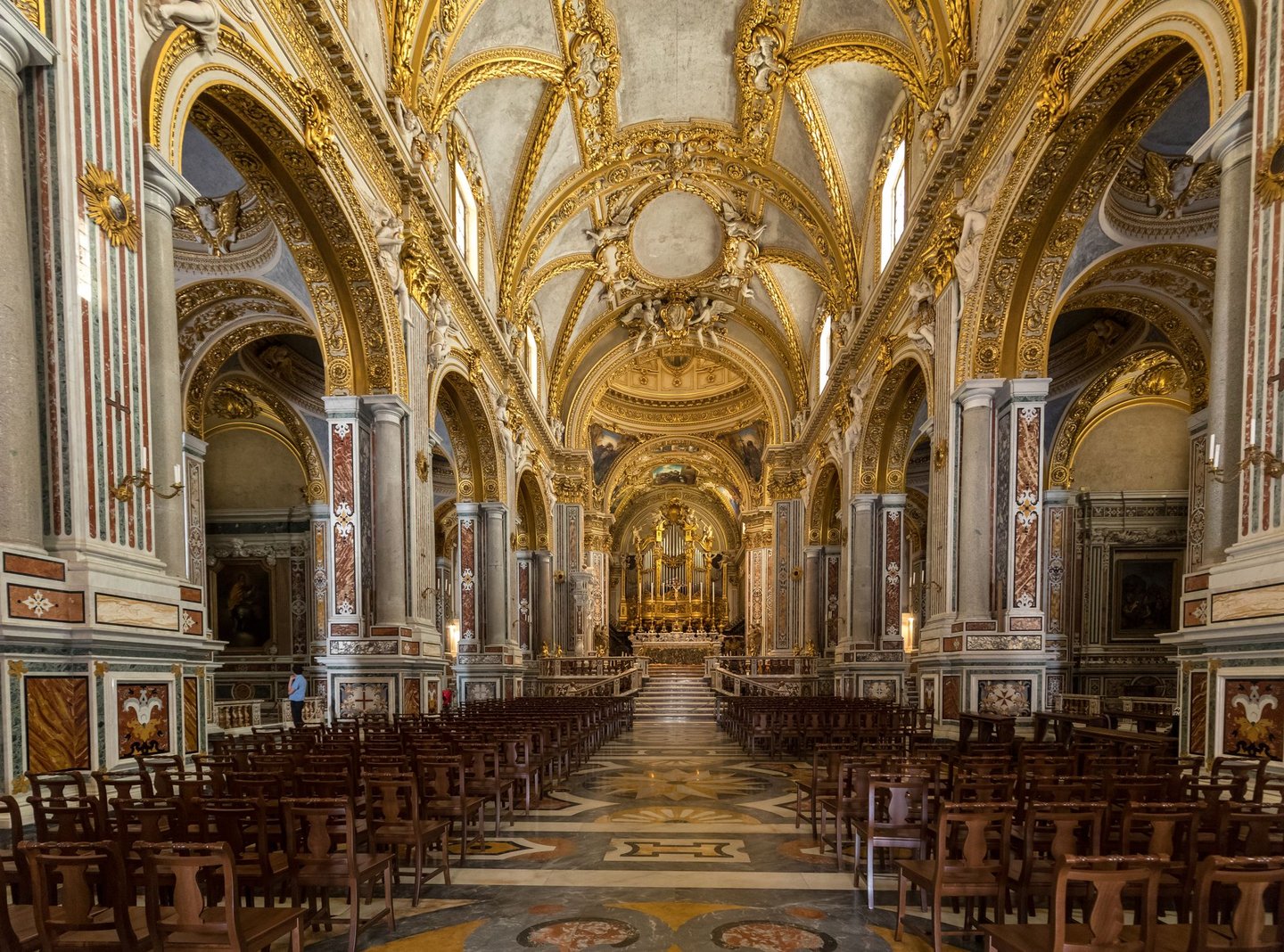 The main nave and altar inside the Basilica-Cathedral at Monte Cassino Abbey in Italy