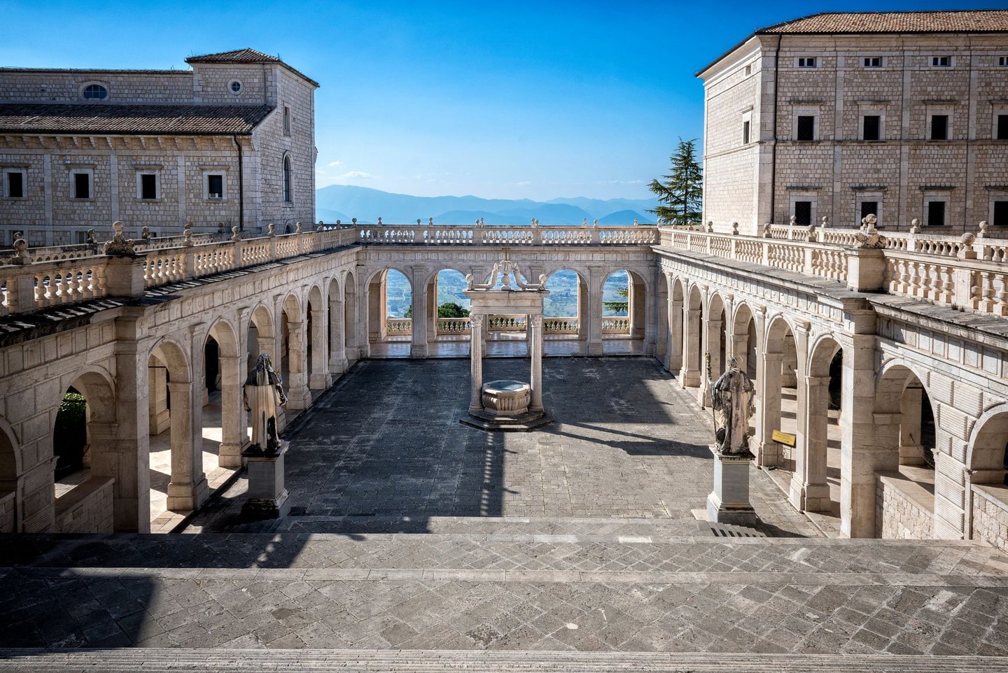 The cloister and balcony of Montecassino Abbey in Italy
