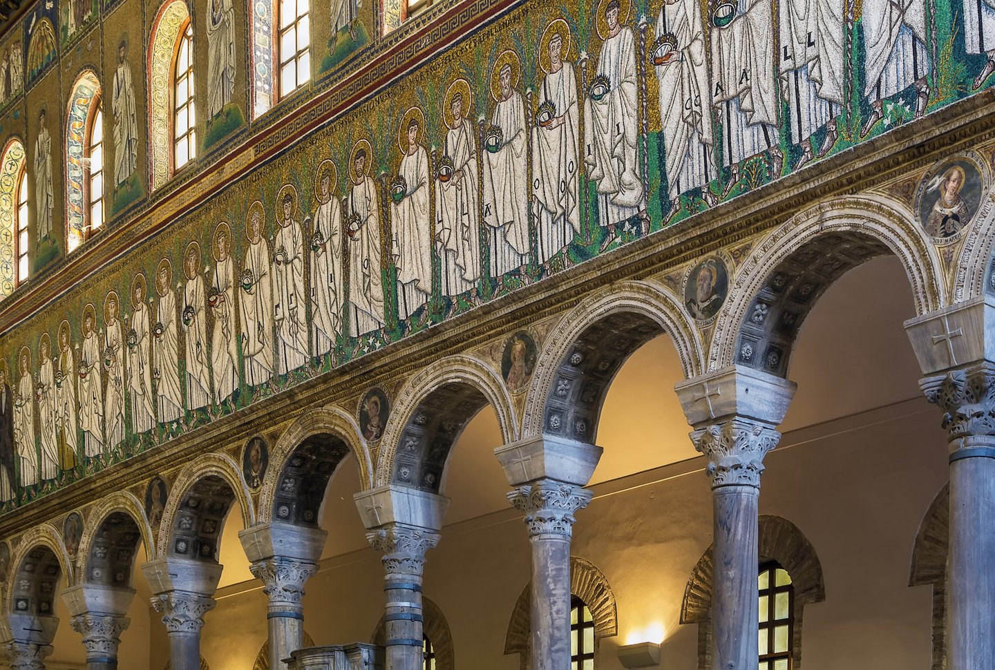 The interior of the Basilica of Sant Apollinare Nuovo in Ravenna, Italy