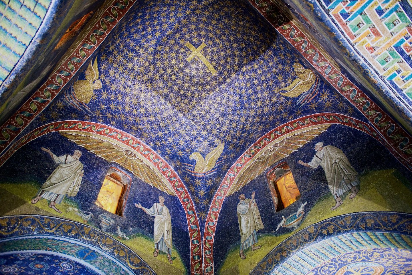 Interior of the Mausoleum of Galla Placidia, chapel embellished with colorful mosaics in Ravenna, Italy