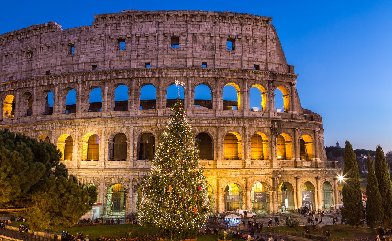 A Christmas tree outside the Colosseum in Rome.