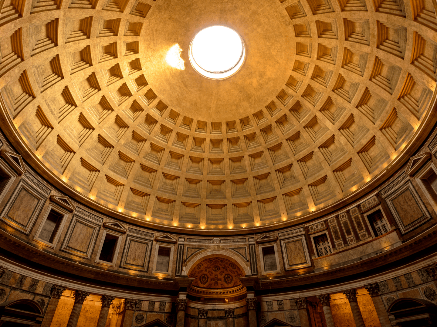 Looking up at the remarkable ceiling of the Pantheon in Rome