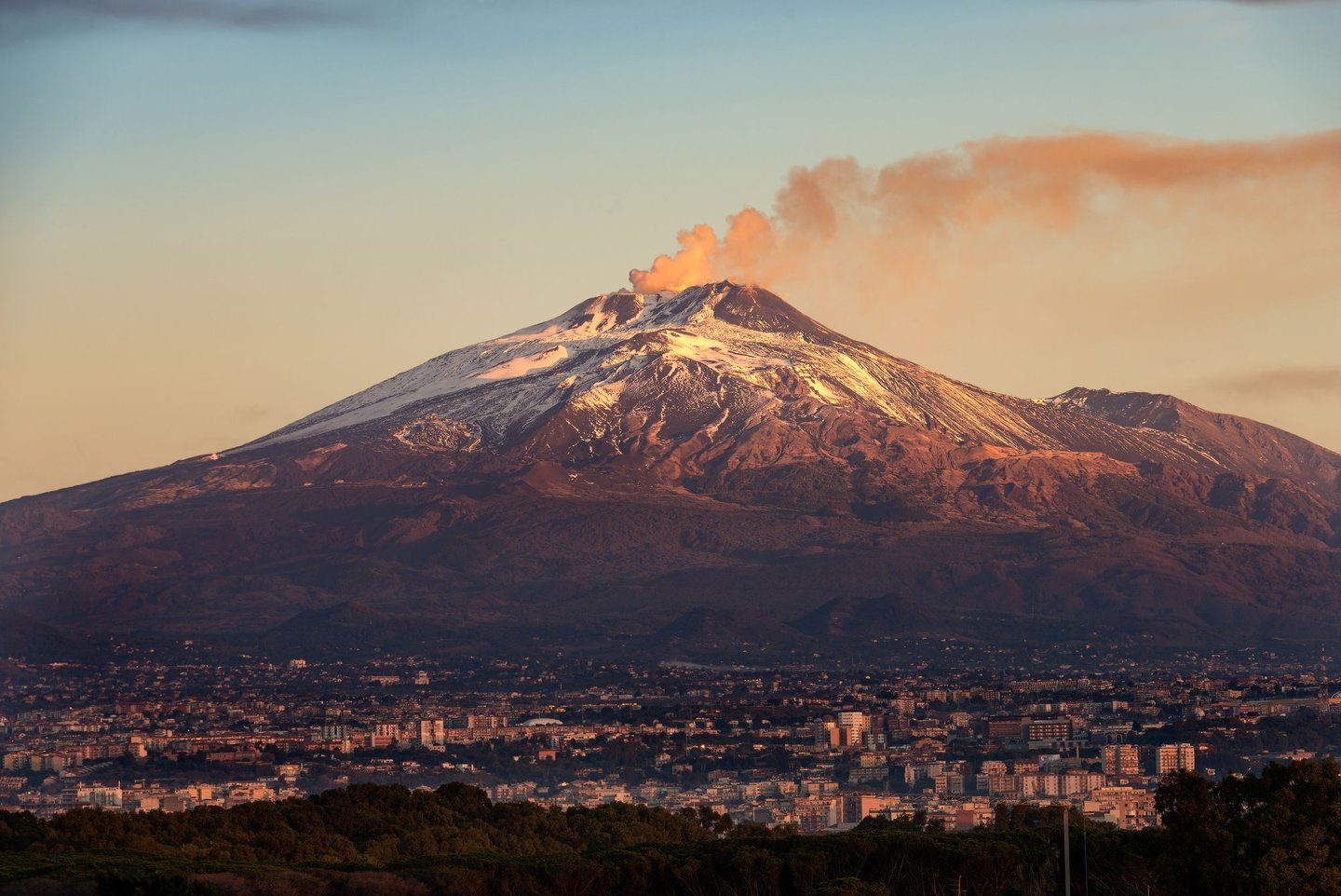 Smoke coming out of Mt Etna at sunset