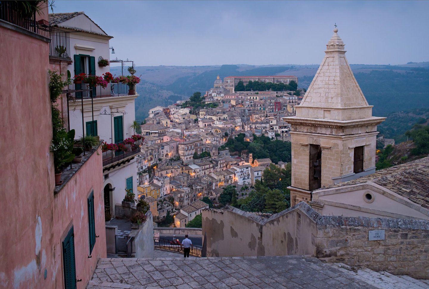 Looking down at the town of Ragusa at sunset
