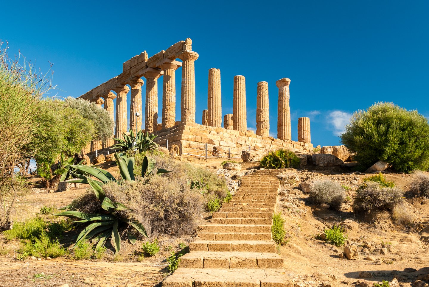 Stairs leading up to the Temple of Juno at the Valley of the Temples in Sicily, Italy