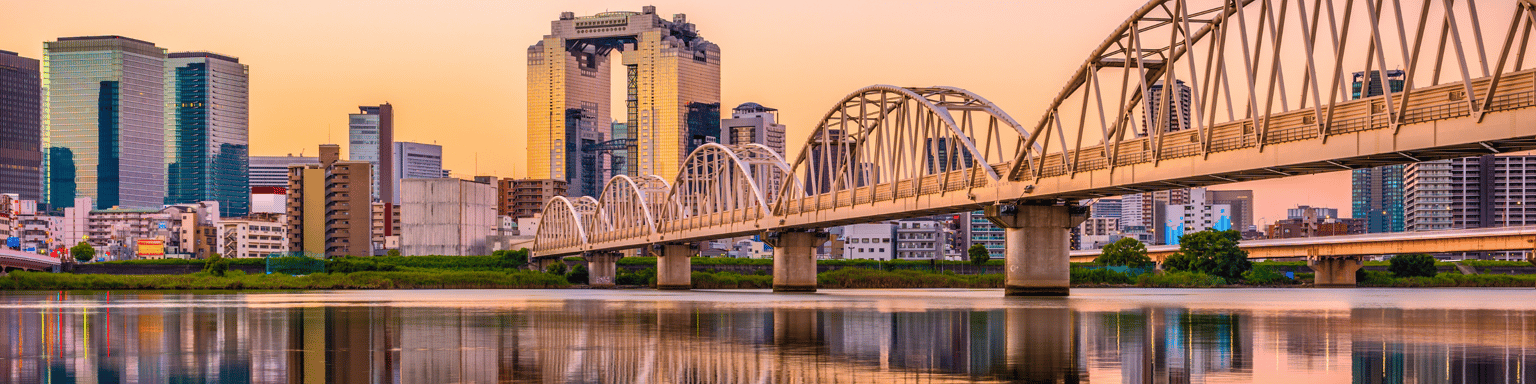 Osaka, Japan Umeda District cityscape panorama on the Yodogawa River