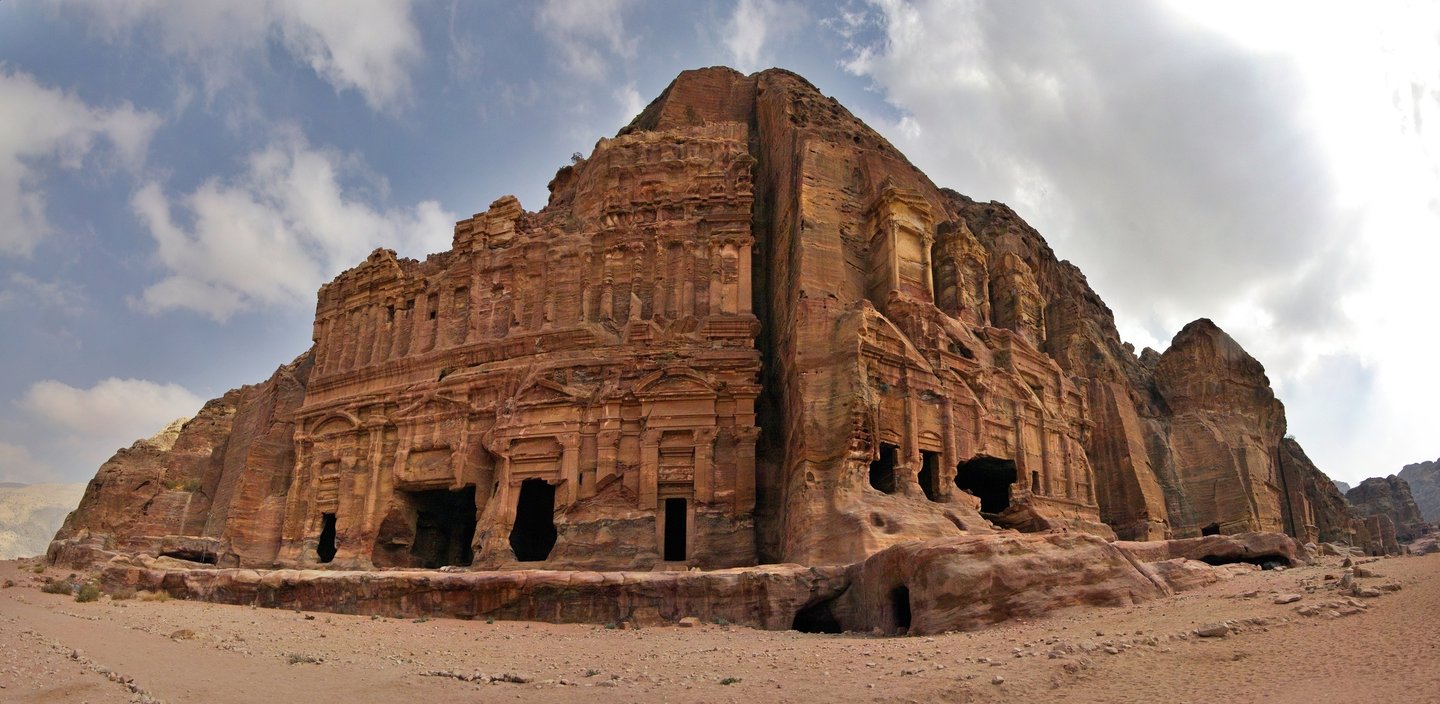 Panoramic shot of the Royal Tombs in Petra, Jordan