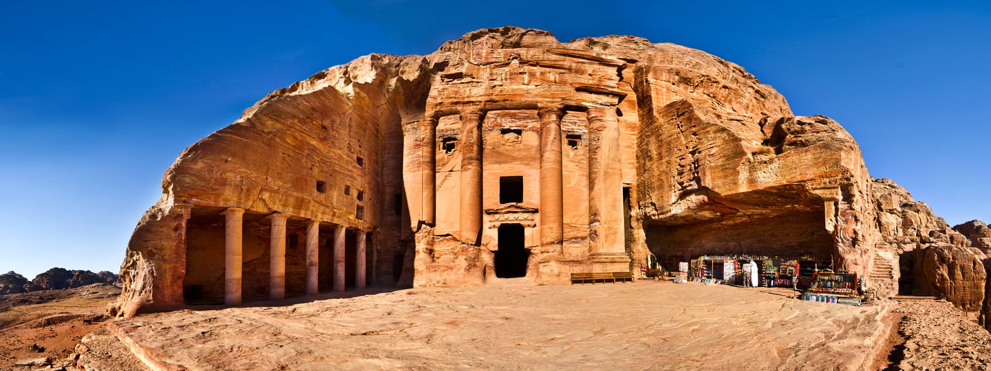 Panoramic view of the Urn tomb in Petra, Jordan