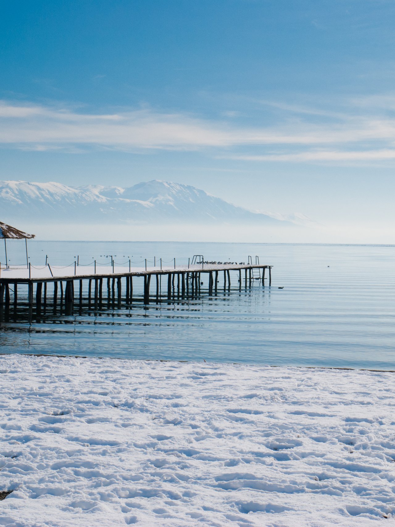 Snow on the shores on Lake Orid in winter