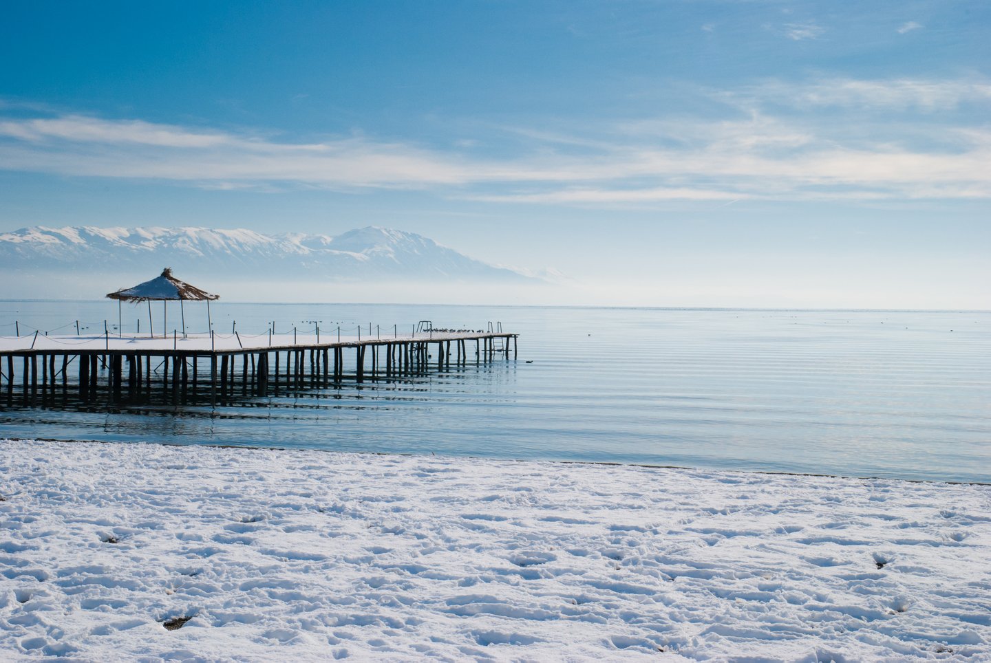 Snow on the shores on Lake Orid in winter