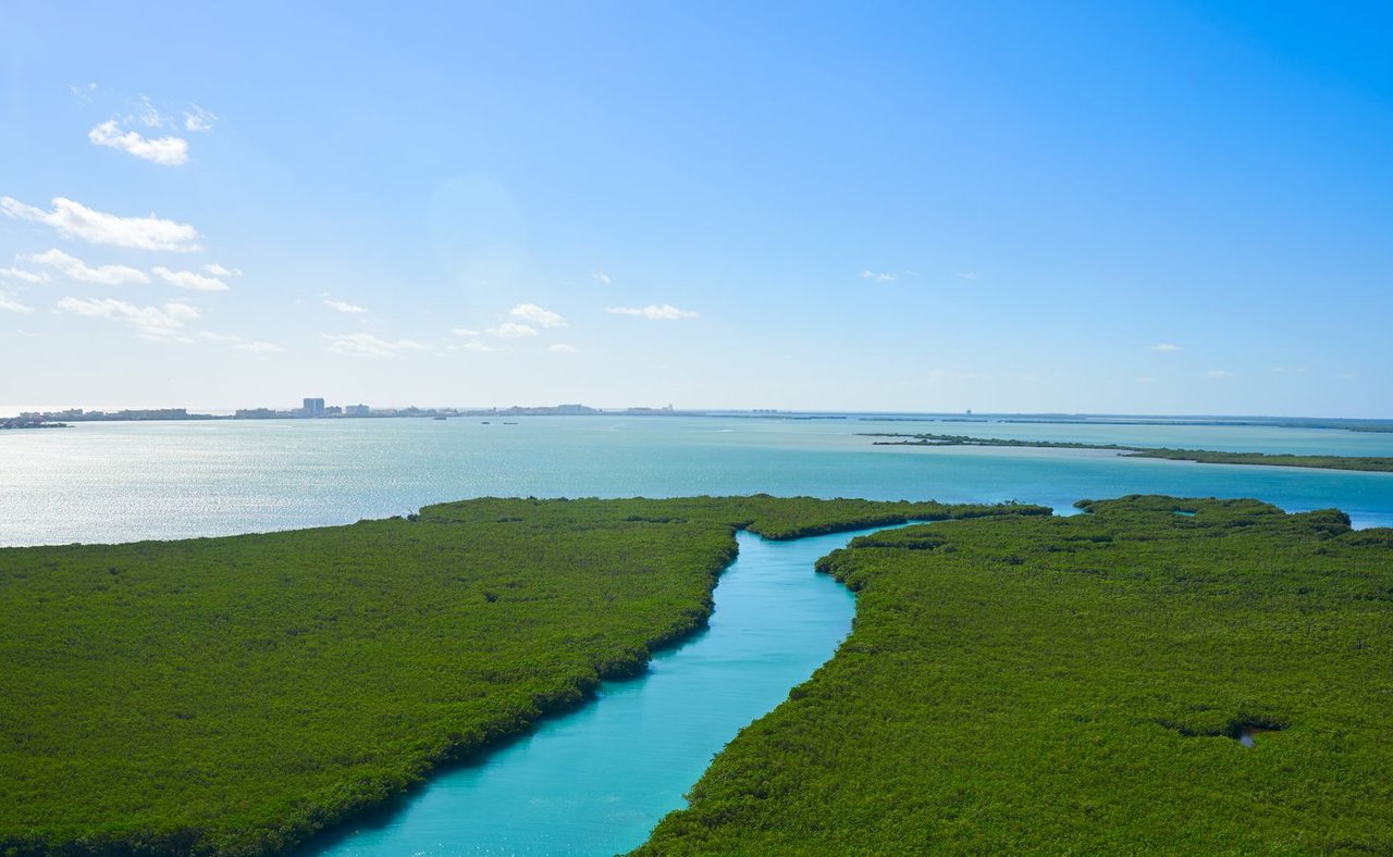 An aerial view of Nichupte Lagoon in Cancun, Mexico.