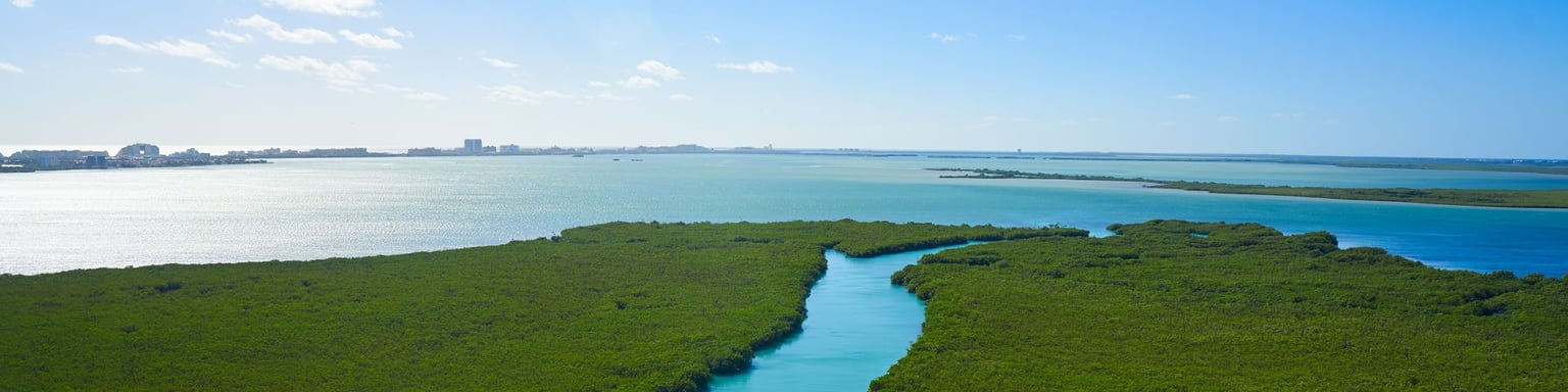 An aerial view of Nichupte Lagoon in Cancun, Mexico.