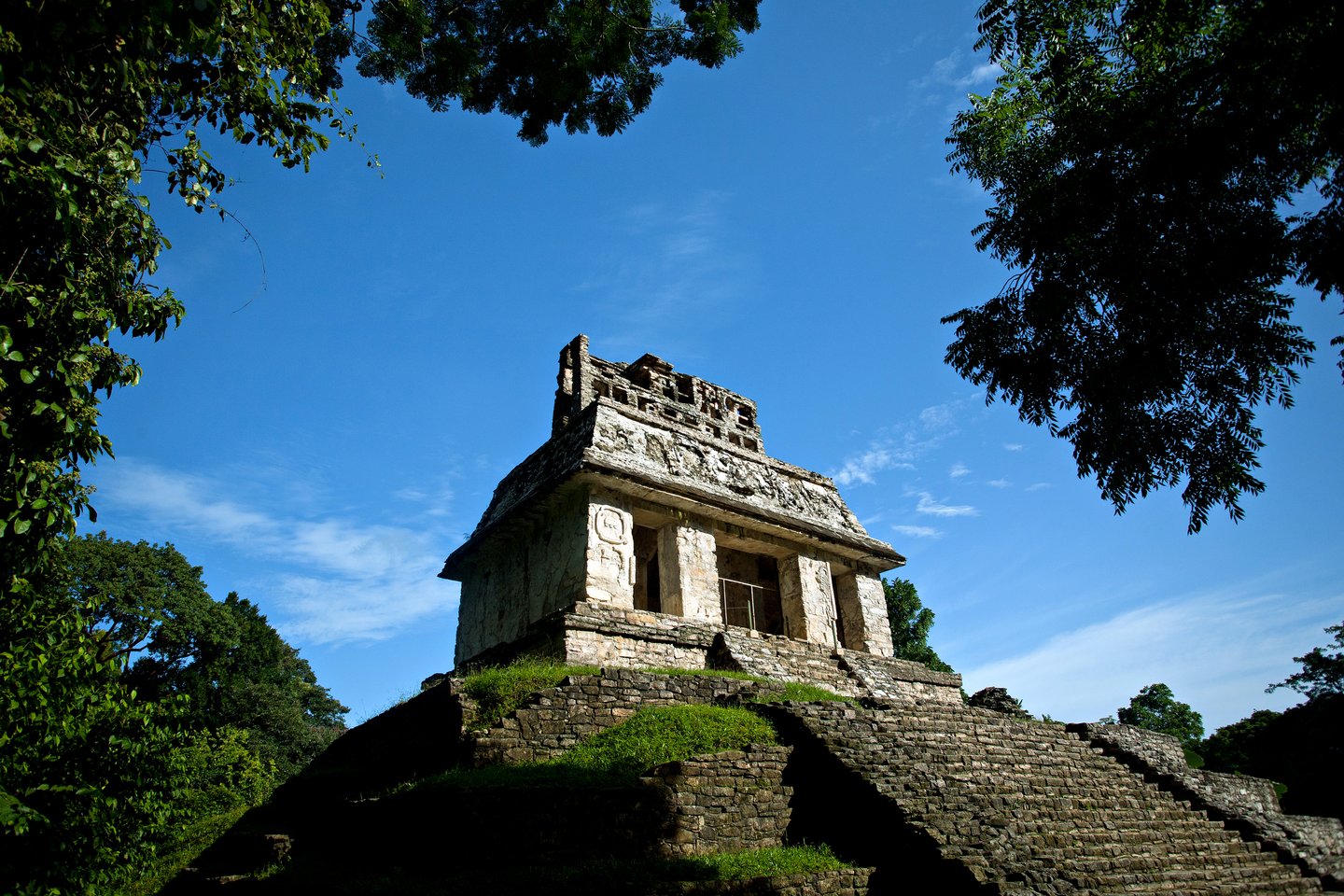 A temple in the distance surrounded by trees 