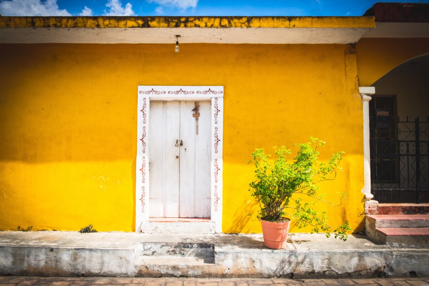 A house with a white door in a yellow wall in Mexico
