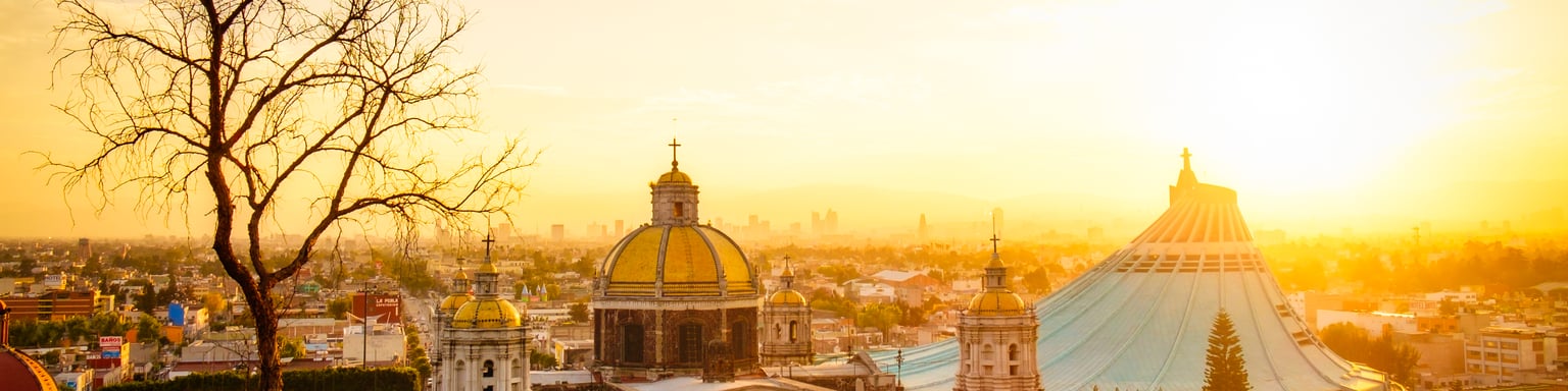 Scenic view at Basilica of Guadalupe with Mexico city skyline at sunset