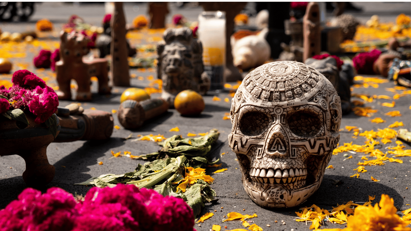 ”Dia de los Muertos” colorful decoration in Plaza del Zócalo, Mexico City’s main square