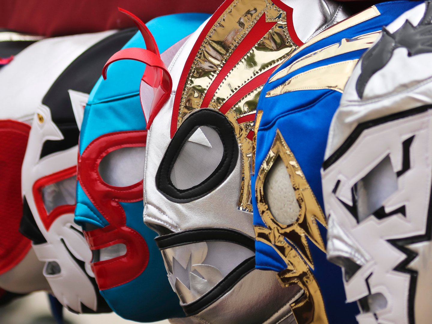 A line of luchador masks in Mexico City