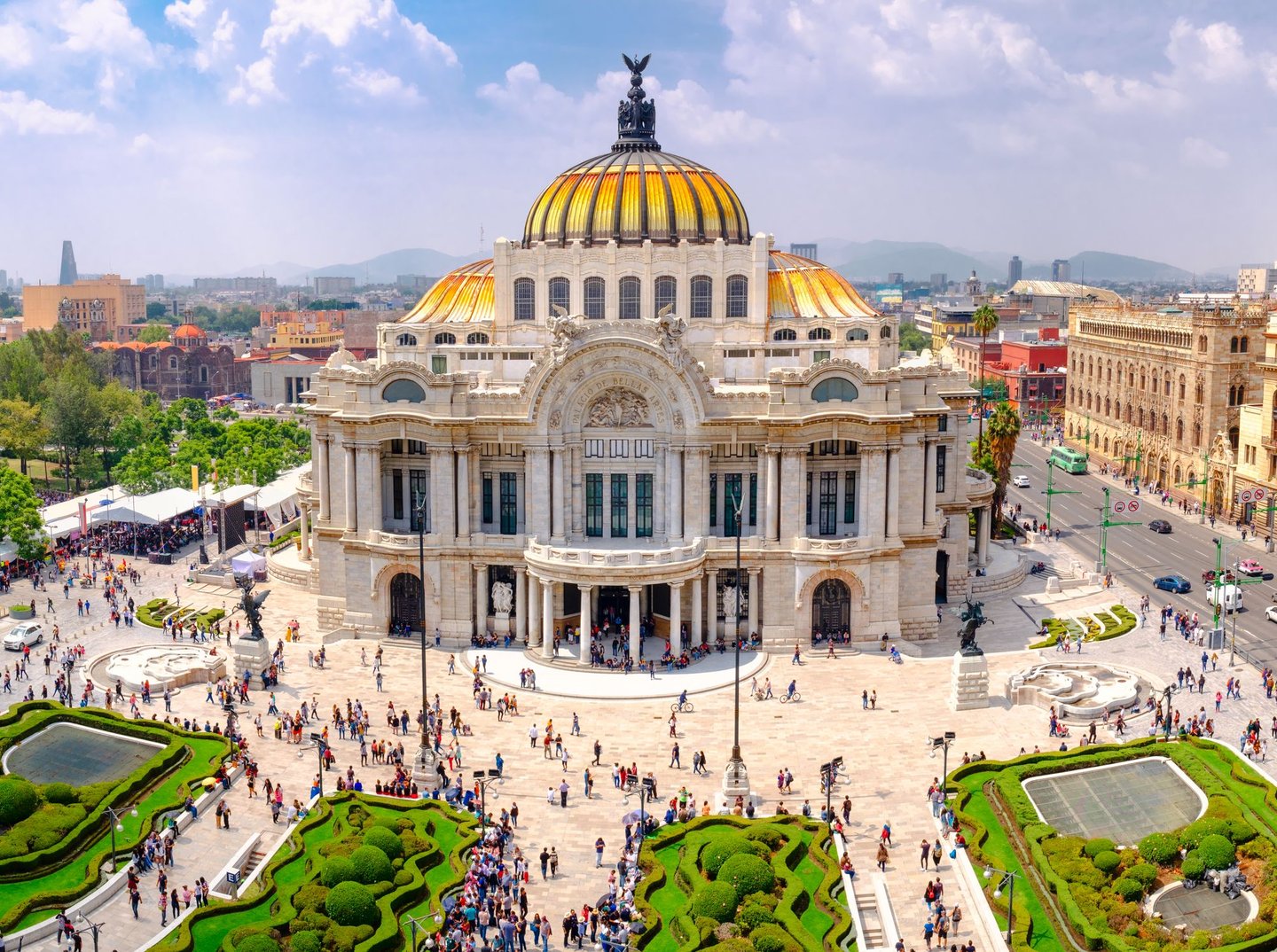 Looking down on people outside the Palace of Fine Arts in Mexico City