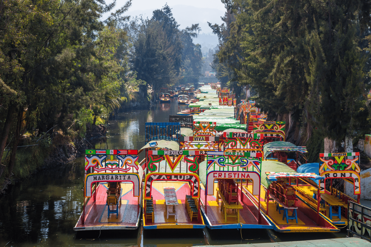 Colourful boats in the Xochimilco canals, Mexico City