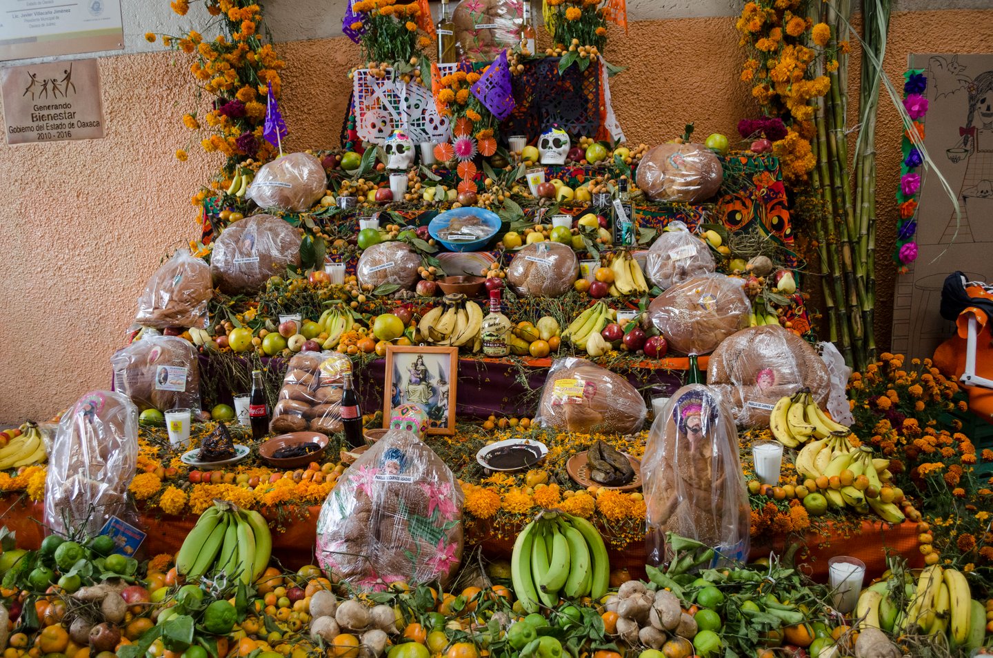 An altar decorated with flowers and fruit for the Day of the Dead in Oaxaca