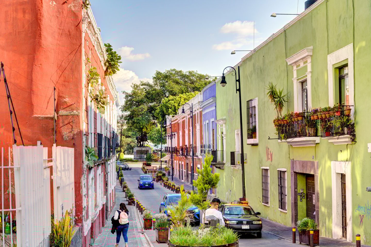 Colourful buildings in Puebla's historic centre on a sunny day