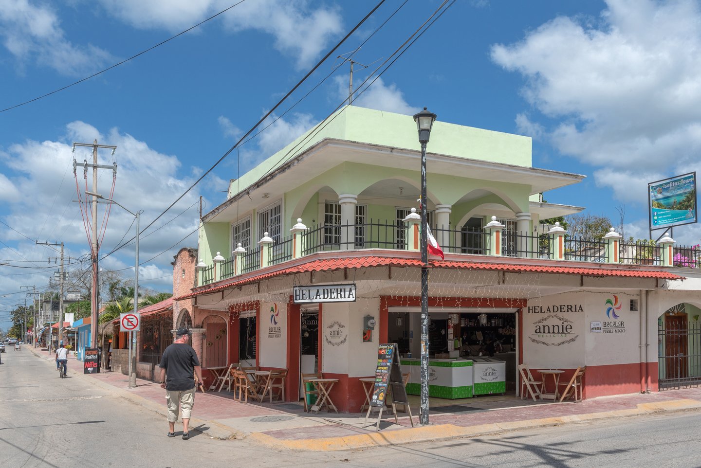 A commercial shopping street in Bacalar, Mexico
