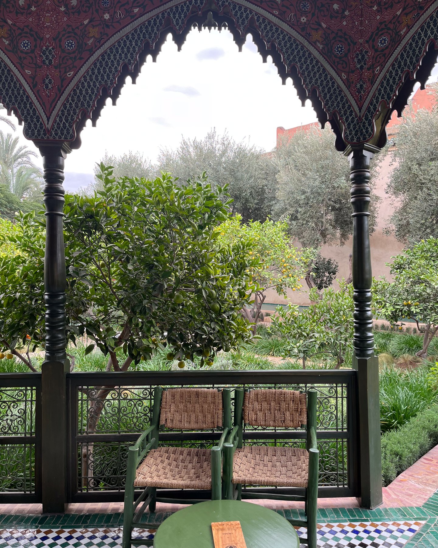 A bench in Le Jardin Secret in Marrakech, Morocco