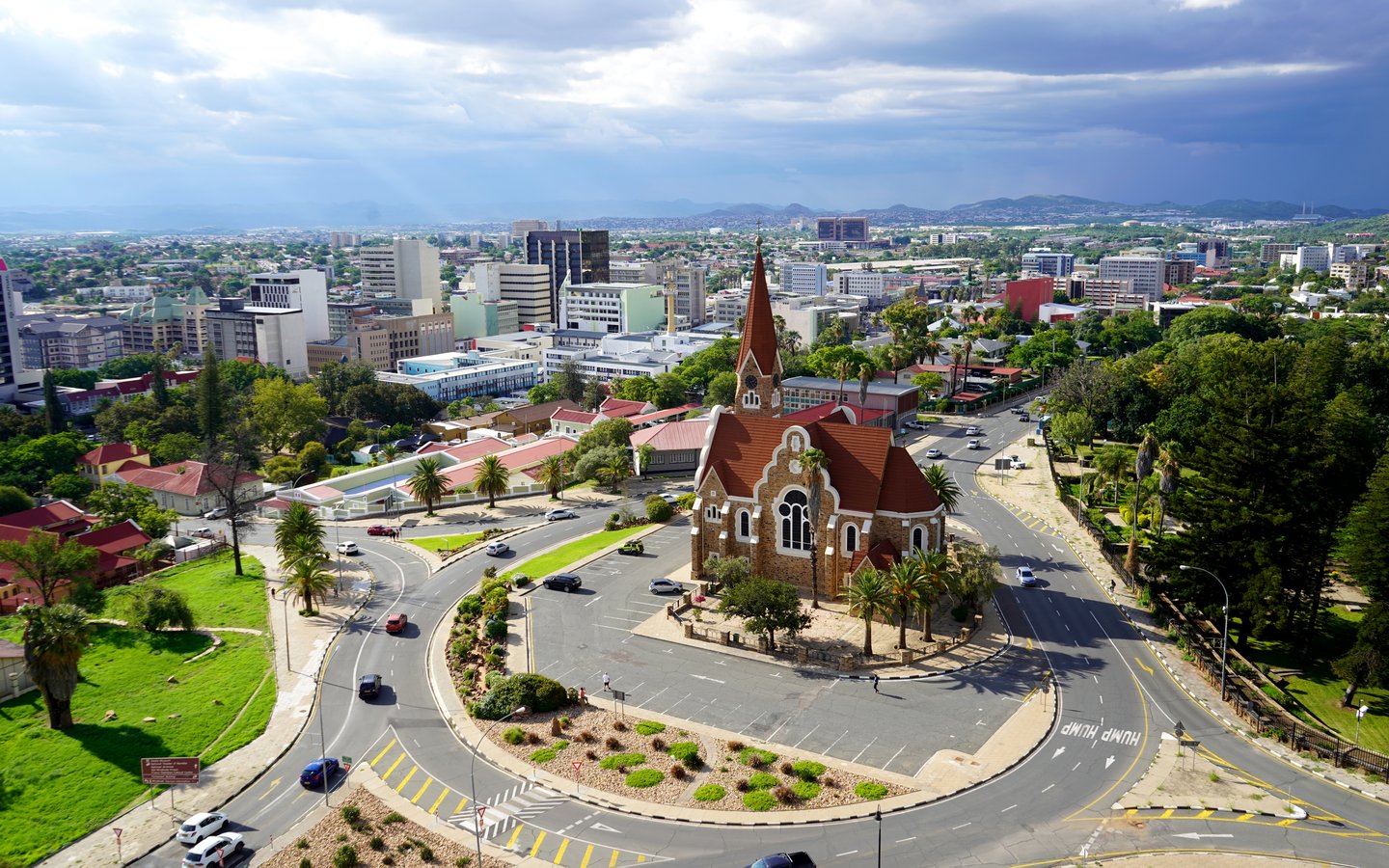 An aerial view of the Christuskirche in the middle of a roundabout in Windhoek, Namibia