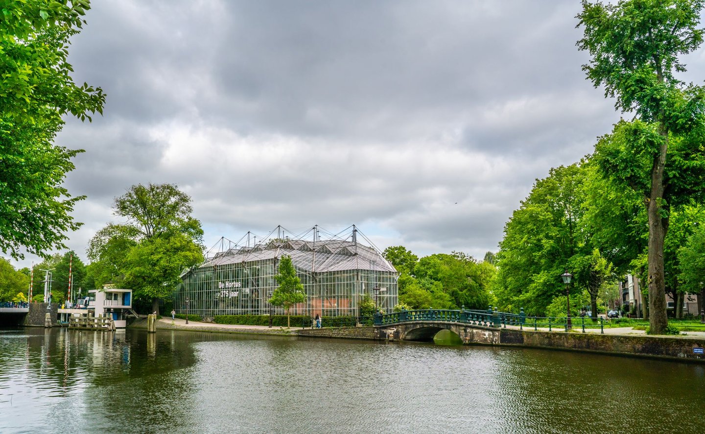 Hortus Botanicus garden across the river on a cloudy day