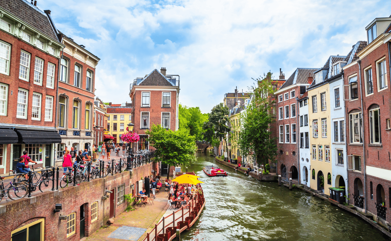 Traditional old street and buildings in Utrecht, Netherlands.