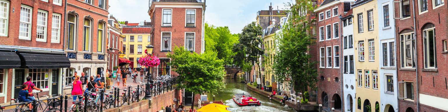 Traditional old street and buildings in Utrecht, Netherlands.