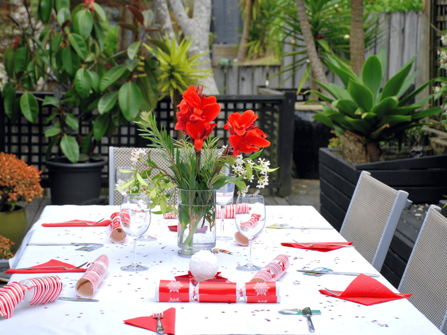 A table set for Christmas lunch outside
