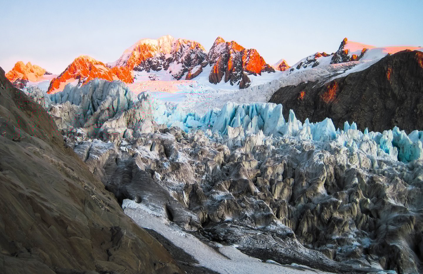 The upper section of the Fox Glacier at sunset.