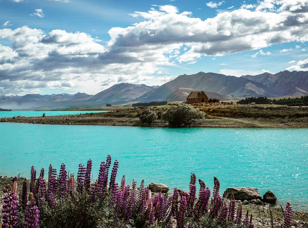 Lake Tekapo with the Church of the Good Shepherd in the distance