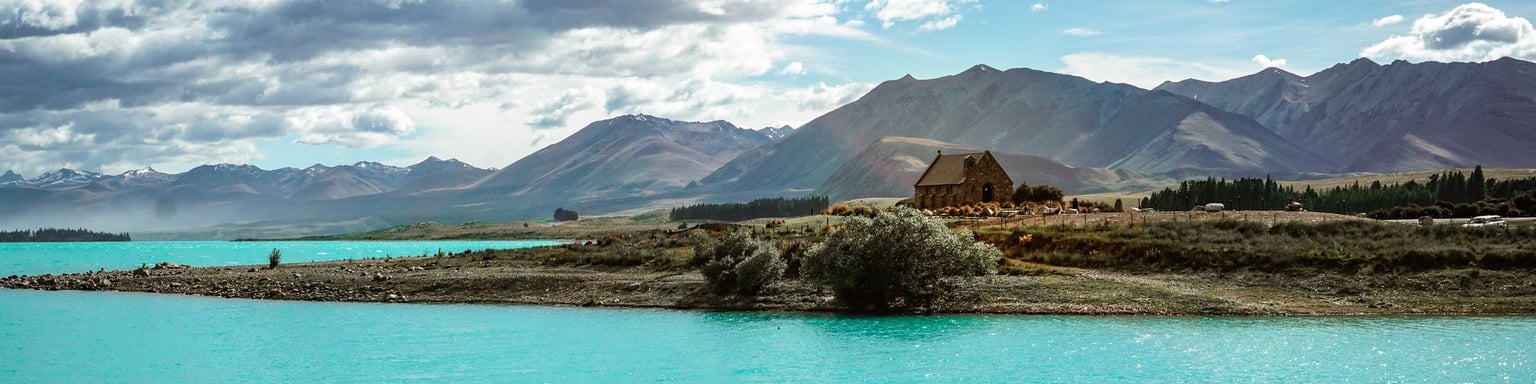 Lake Tekapo with the Church of the Good Shepherd in the distance