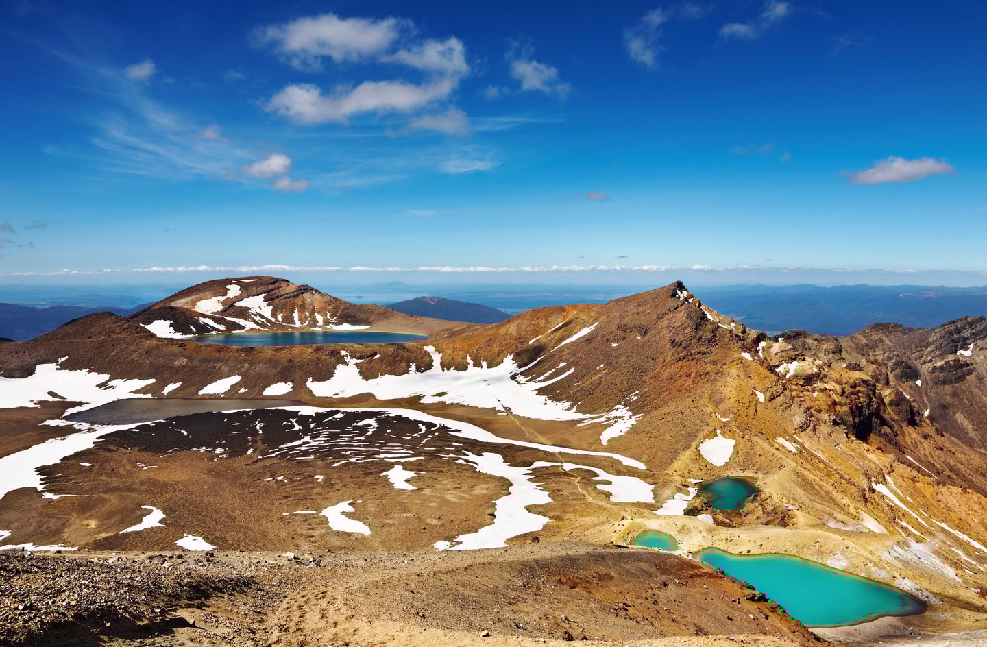 The volcanic landscapes and Emerald Lakes of Tongariro National Park in New Zealand