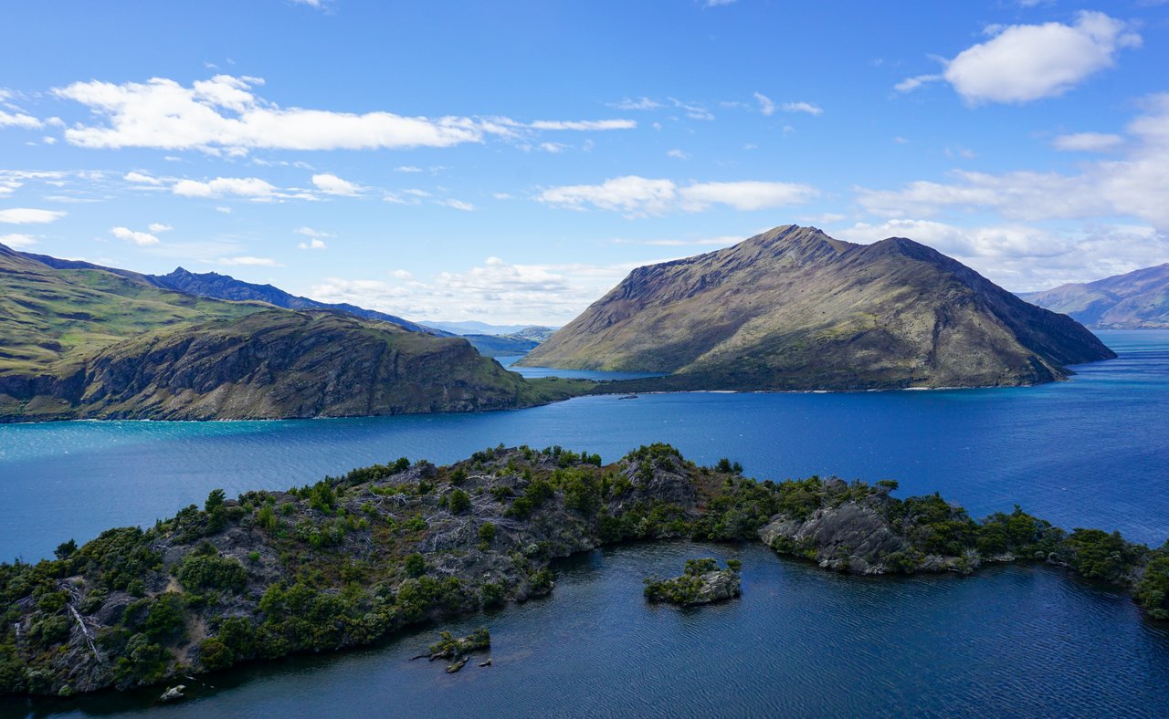 Looking down at the lakes and islands from the viewpoint of Mou Waho island, New Zealand