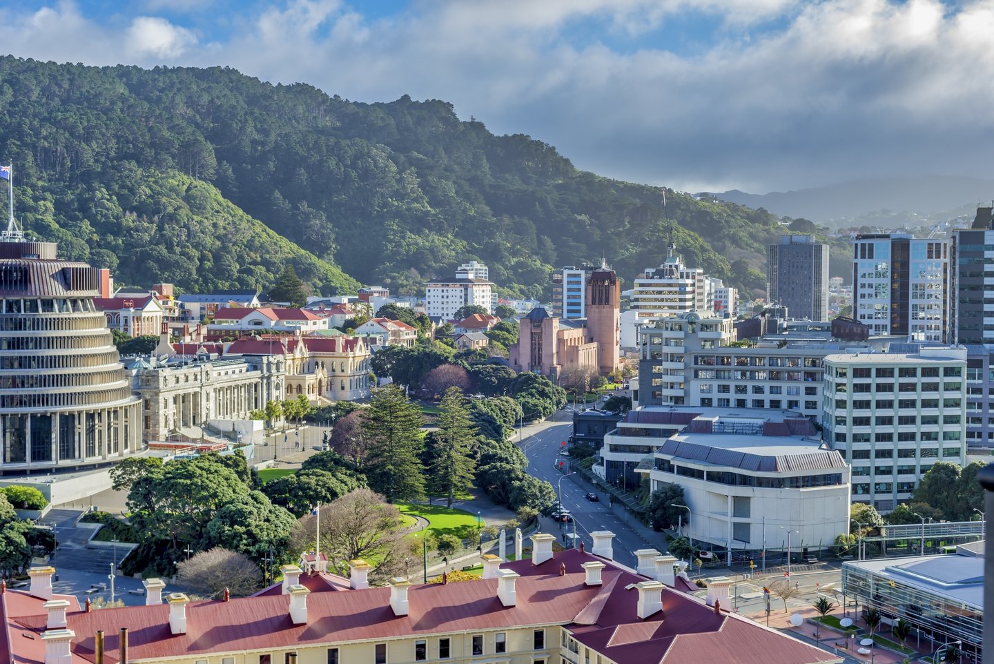 A beautiful scenery of Wellington city buildings surrounded by trees in the morning