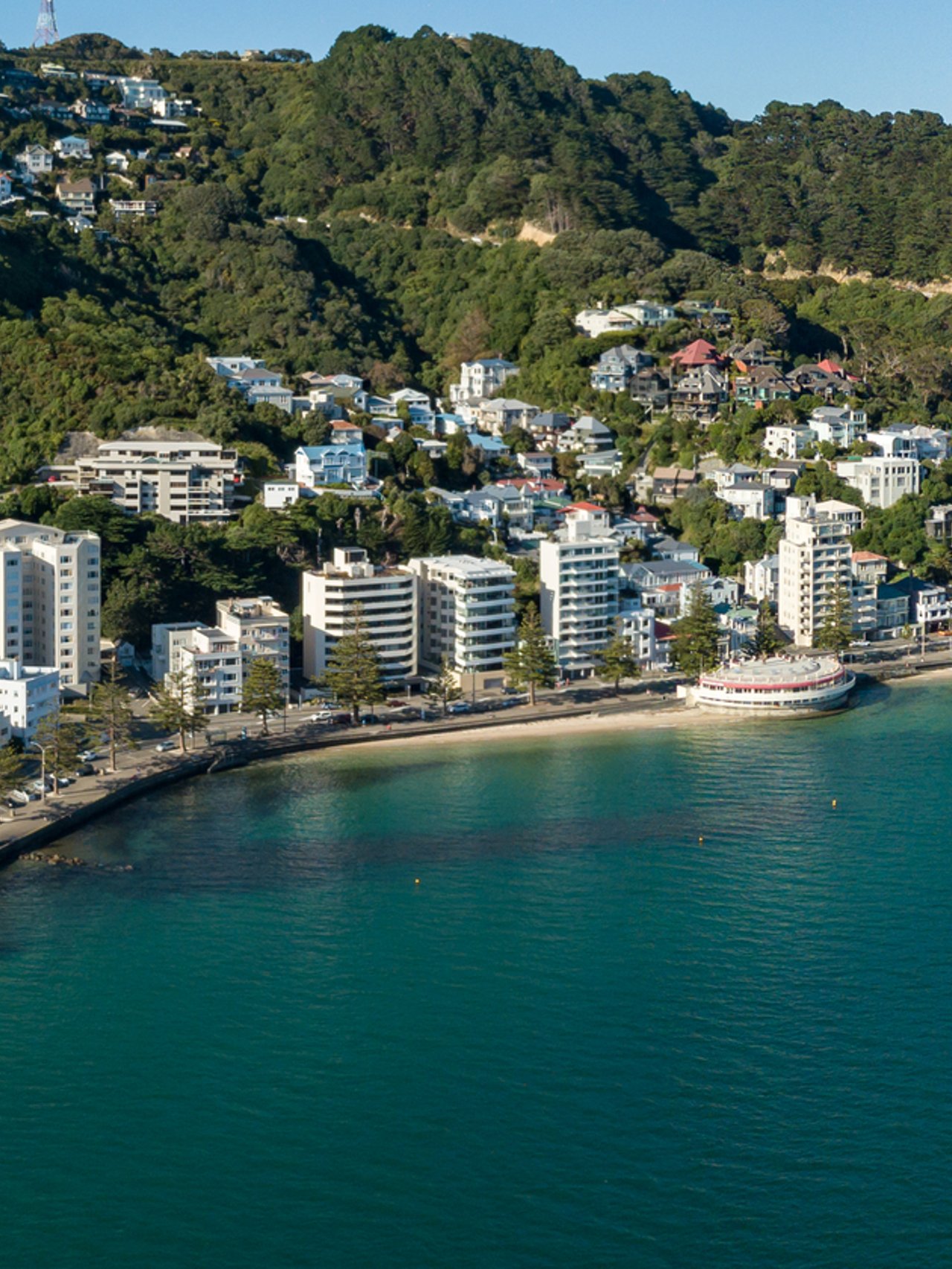 A panoramic view of Oriental Bay in Wellington, New Zealand