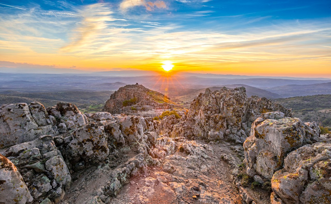 The sun setting over the ancient site of the Kokino Observatory in North Macedonia