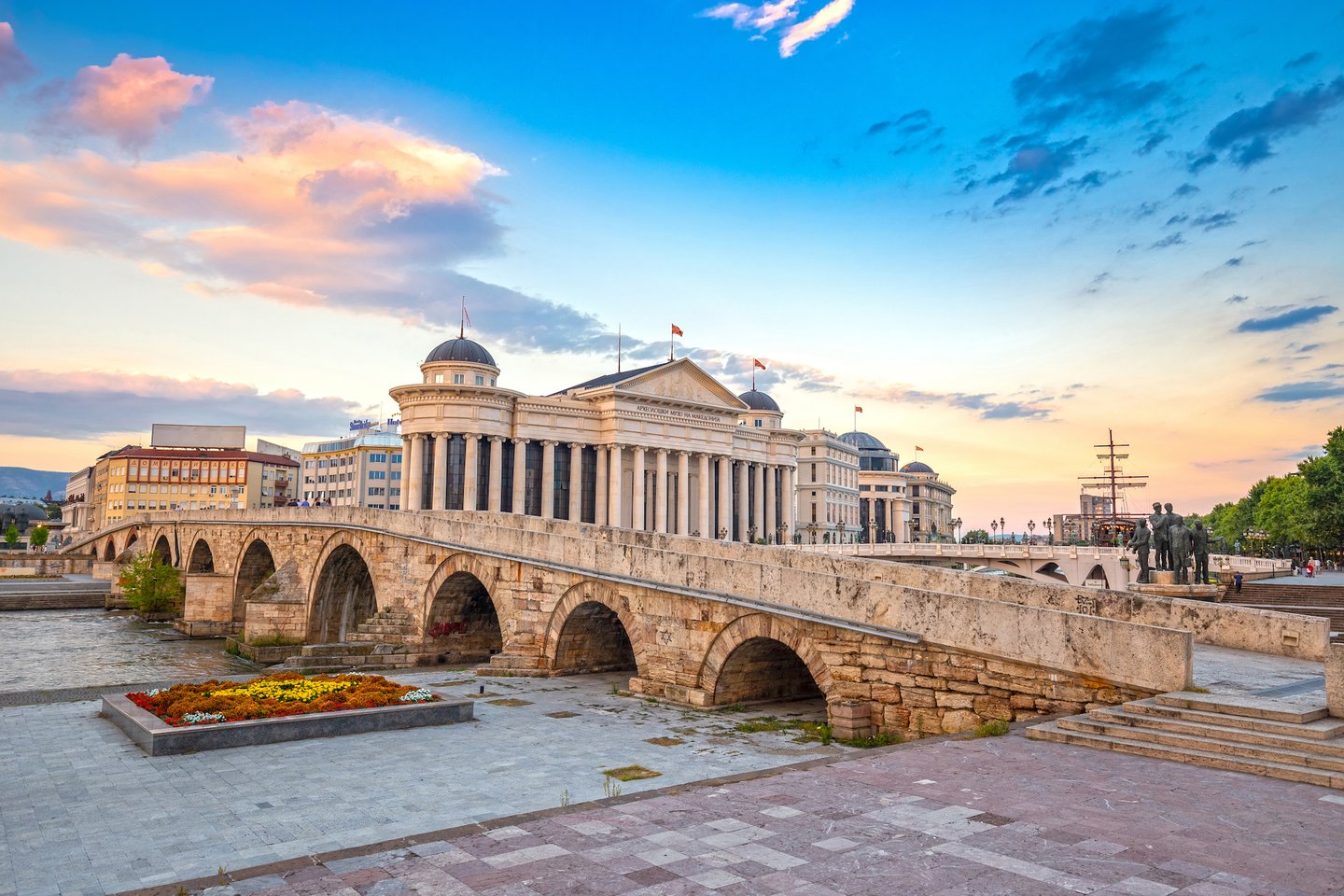 The Old Stone Bridge and Archaeological Museum in Skopje at sunset