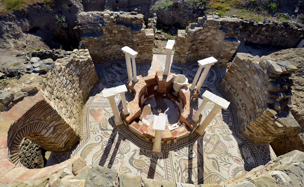 An aerial view of the archaeological site of Stobi in North Macedonia.