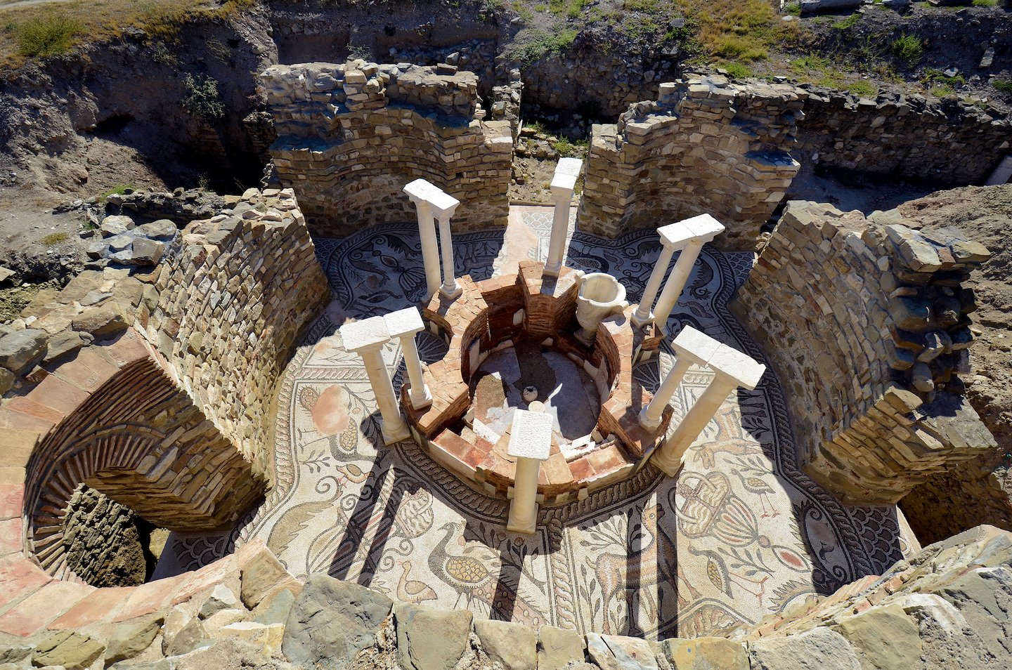 An aerial view of the archaeological site of Stobi in North Macedonia.