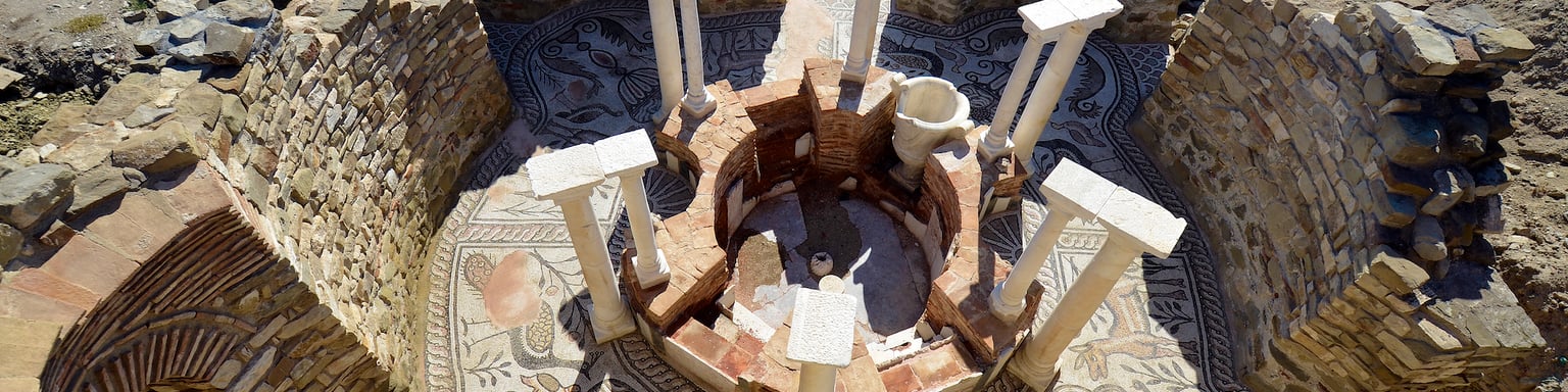 An aerial view of the archaeological site of Stobi in North Macedonia.