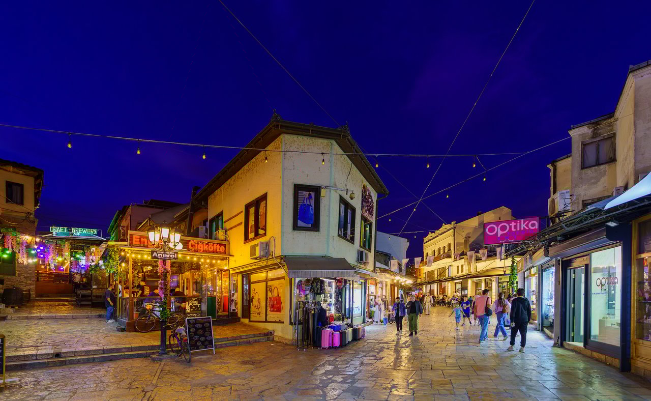 People shopping in Skopje in the evening.